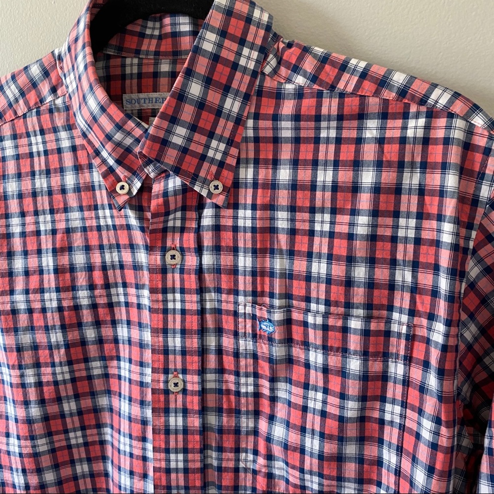EUC Southern Tide salmon colored plaid shirt